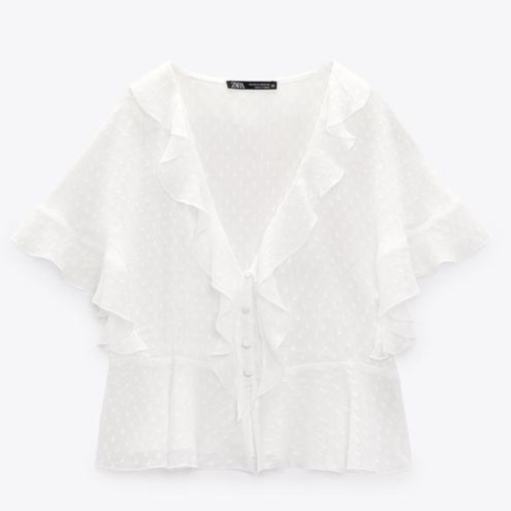 NWOT Zara Flowy Swiss Dot Ruffle Blouse